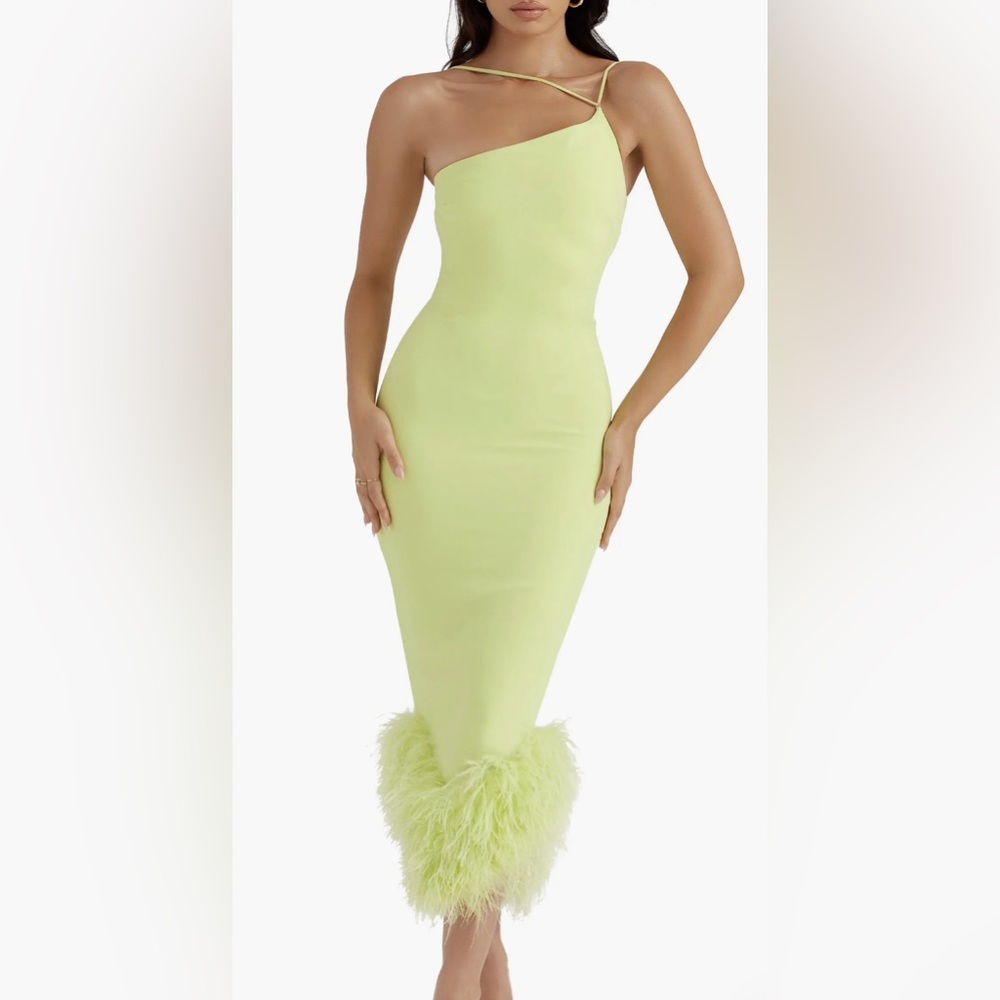 HOUSE OF CB Lime Green Alessia Asymmetric Feather Trim Midi Dress